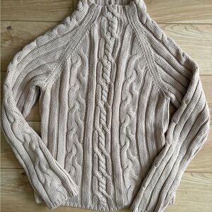 Beige Chunky Cable Knit Turtleneck Sweater Vintage Fisherman Nautical Coastal